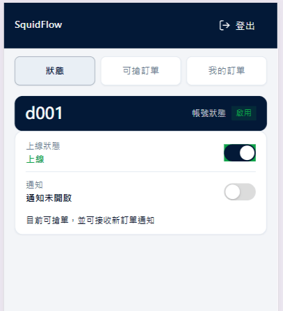 Dispatch system — driver status panel